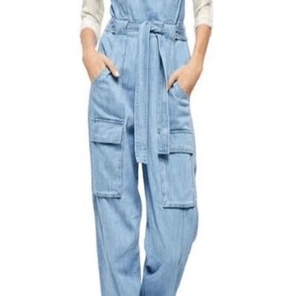 Women's Light Blue Denim Jumpsuit free people size small missing a button - Picture 2 of 13
